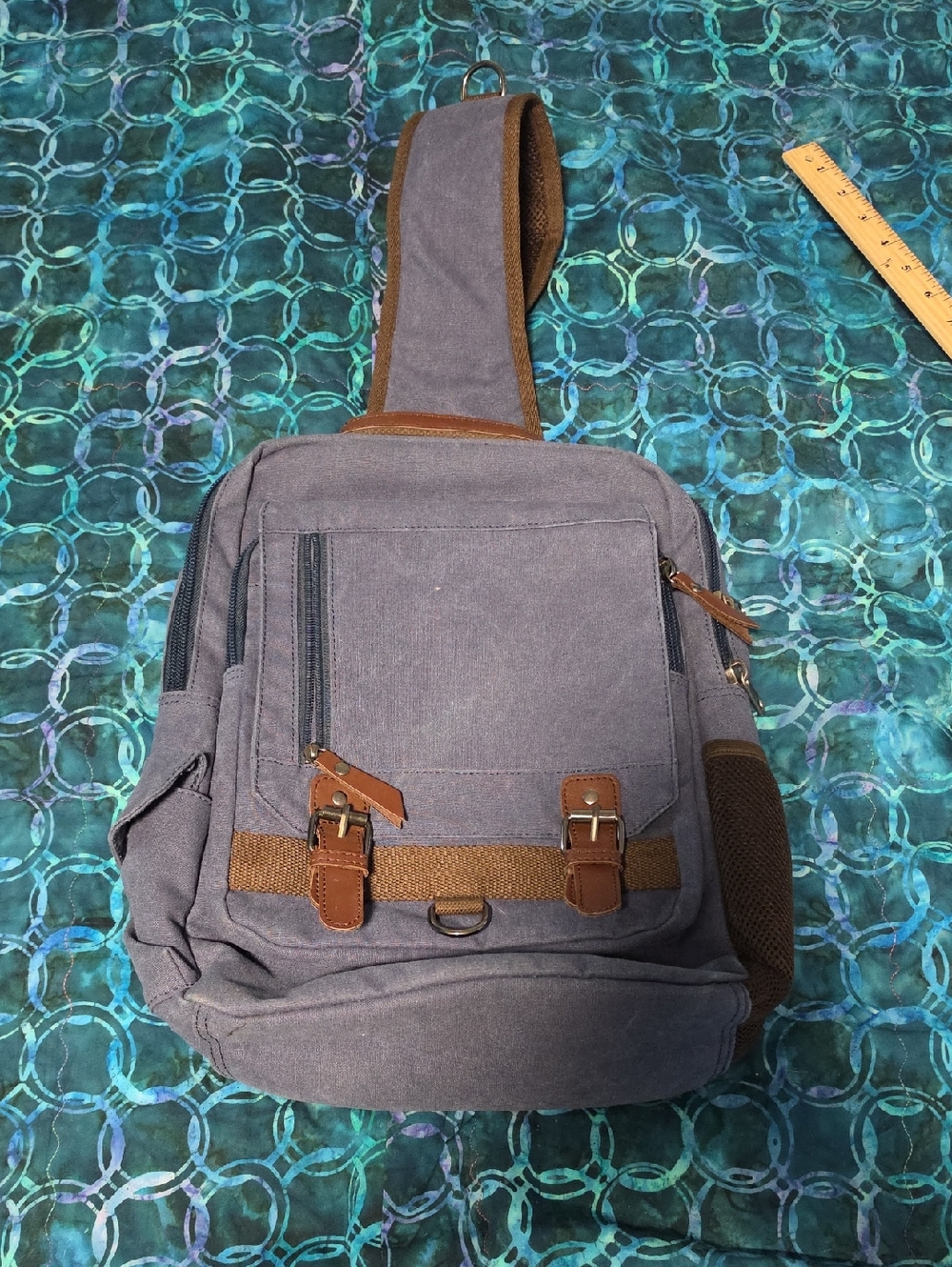 Source Unknown Gray Canvas Sling Bag with Brown Trim